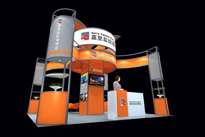 36平米展臺設計制作：四面開口/現(xiàn)代/型材結(jié)構(gòu)/橙色，為交通物流展展商而作（免費使用）