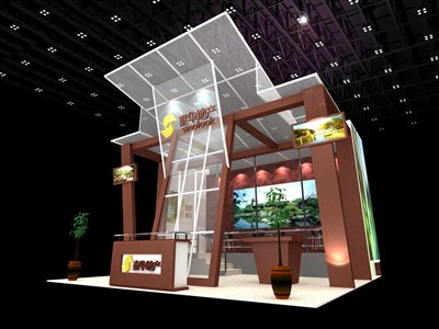 49平米展臺設計制作：三面開口/前衛(wèi)/型材結構/咖啡色，為房產展展商而作（免費使用）
