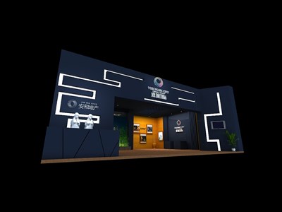 90平米展臺設(shè)計制作：一面開口/現(xiàn)代/型材結(jié)構(gòu)/藍(lán)色，為房產(chǎn)展展商而作（免費使用）