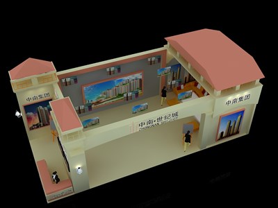 48平米展臺設(shè)計(jì)制作：二面開口/歐式/木質(zhì)結(jié)構(gòu)/米色，為房產(chǎn)展展商而作（免費(fèi)使用）