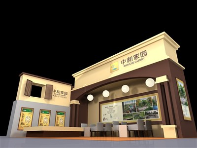 88平米展臺設(shè)計制作：二面開口/歐式/木質(zhì)結(jié)構(gòu)/咖啡色，為房產(chǎn)展展商而作（免費使用）