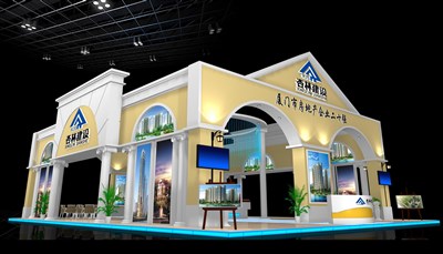 187平米展臺設(shè)計(jì)制作：四面開口/歐式/木質(zhì)結(jié)構(gòu)/米色，為房產(chǎn)展展商而作（免費(fèi)使用）