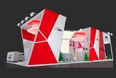 90平米展臺設(shè)計(jì)制作：三面開口/現(xiàn)代/型材結(jié)構(gòu)/紅色，為電子展展商而作（免費(fèi)使用）