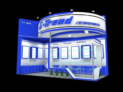 18平米展臺設(shè)計制作：二面開口/前衛(wèi)/型材結(jié)構(gòu)/藍色，為電子展展商而作（免費使用）