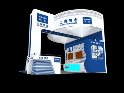 36平米展臺(tái)設(shè)計(jì)制作：三面開(kāi)口/現(xiàn)代/型材結(jié)構(gòu)/藍(lán)色，為電子展展商而作（免費(fèi)使用）