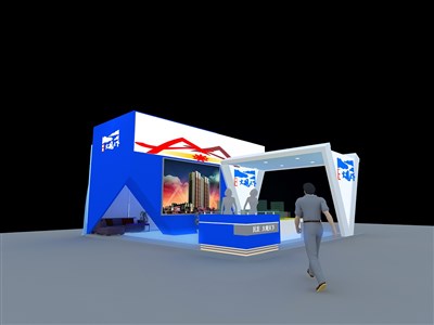 56平米展臺(tái)設(shè)計(jì)制作：三面開口/前衛(wèi)/型材結(jié)構(gòu)/藍(lán)色，為房產(chǎn)展展商而作（免費(fèi)使用）
