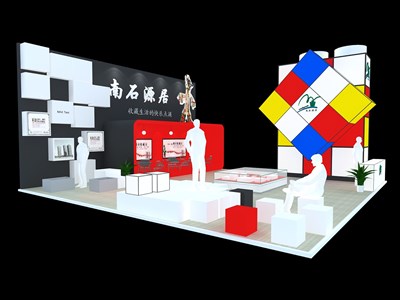 90平米展臺(tái)設(shè)計(jì)制作：三面開(kāi)口/前衛(wèi)/型材結(jié)構(gòu)/彩色，為房產(chǎn)展展商而作（免費(fèi)使用）