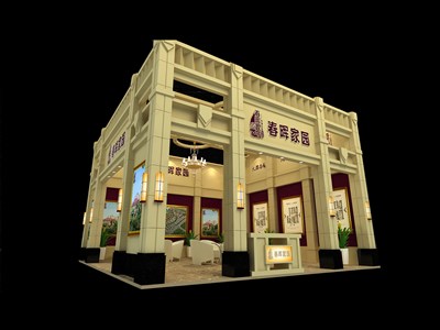 110平米展臺設(shè)計制作：二面開口/歐式/木質(zhì)結(jié)構(gòu)/米色，為房產(chǎn)展展商而作（免費使用）