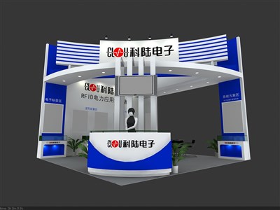 54平米展臺(tái)設(shè)計(jì)制作：三面開(kāi)口/現(xiàn)代/型材結(jié)構(gòu)/藍(lán)色，為電子展展商而作（免費(fèi)使用）