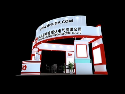 36平米展臺(tái)設(shè)計(jì)制作：三面開(kāi)口/現(xiàn)代/木質(zhì)結(jié)構(gòu)/紅色，為電子展展商而作（免費(fèi)使用）