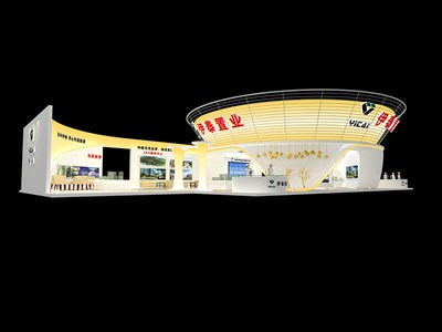 390平米展臺設(shè)計(jì)制作：四面開口/前衛(wèi)/型材結(jié)構(gòu)/米色，為房產(chǎn)展展商而作（免費(fèi)使用）