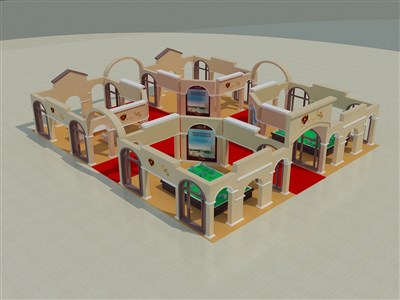 441平米展臺設(shè)計制作：四面開口/歐式/木質(zhì)結(jié)構(gòu)/咖啡色，為房產(chǎn)展展商而作（免費(fèi)使用）