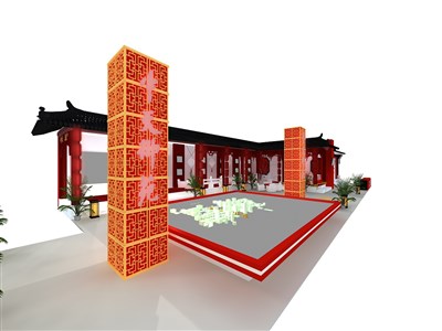 189平米展臺設(shè)計制作：四面開口/中式/木質(zhì)結(jié)構(gòu)/紅色，為房產(chǎn)展展商而作（免費(fèi)使用）
