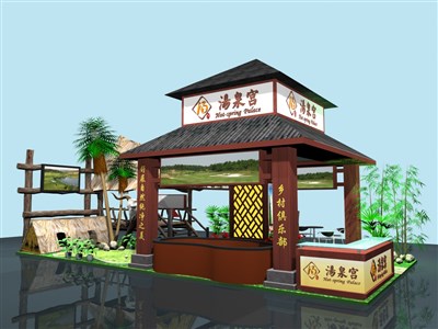 72平米展臺(tái)設(shè)計(jì)制作：四面開(kāi)口/田園/木質(zhì)結(jié)構(gòu)/咖啡色，為旅游展展商而作（免費(fèi)使用）