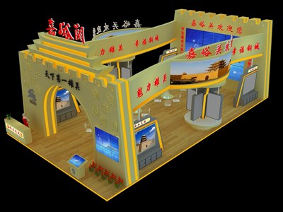 180平米展臺設(shè)計制作：三面開口/中式/木質(zhì)結(jié)構(gòu)/米色，為旅游展展商而作（免費使用）