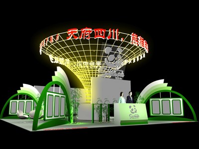 100平米展臺設計制作：四面開口/前衛(wèi)/型材結(jié)構/綠色，為旅游展展商而作（免費使用）