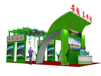 120平米展臺設計制作：三面開口/前衛(wèi)/木質(zhì)結(jié)構/綠色，為旅游展展商而作（免費使用）