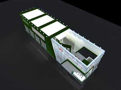 150平米展臺設計制作：三面開口/現(xiàn)代/木質結構/綠色，為建材展展商而作（免費使用）