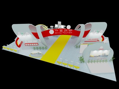 345平米展臺設計制作：四面開口/現(xiàn)代/木質結構/白色，為旅游展展商而作（免費使用）