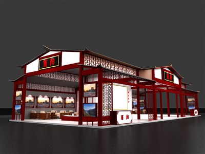 220平米展臺設計制作：三面開口/中式/木質結構/紅色，為旅游展展商而作（免費使用）