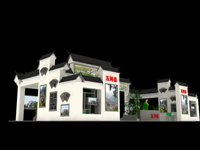 127.5平米展臺設(shè)計制作：四面開口/中式/木質(zhì)結(jié)構(gòu)/米色，為旅游展展商而作（免費使用）