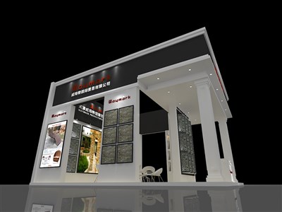 56平米展臺設(shè)計制作：三面開口/歐式/木質(zhì)結(jié)構(gòu)/灰色，為建材展展商而作（免費使用）