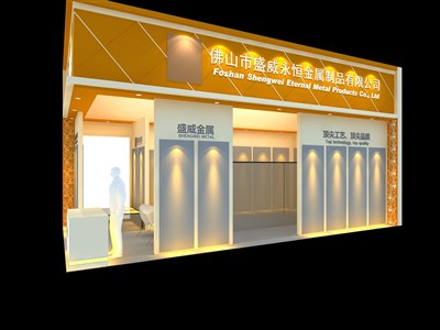 36平米展臺設(shè)計制作：二面開口/現(xiàn)代/木質(zhì)結(jié)構(gòu)/黃色，為建材展展商而作（免費使用）