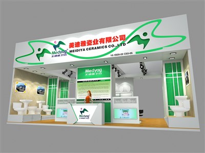 54平米展臺(tái)設(shè)計(jì)制作：二面開口/現(xiàn)代/木質(zhì)結(jié)構(gòu)/綠色，為建材展展商而作（免費(fèi)使用）
