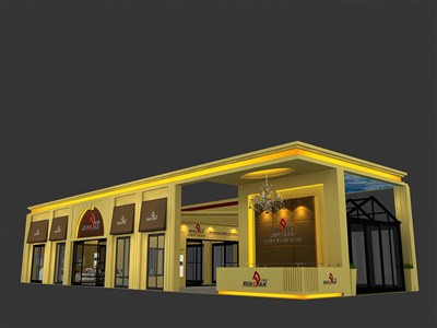 147平米展臺設(shè)計制作：二面開口/現(xiàn)代/木質(zhì)結(jié)構(gòu)/黃色，為建材展展商而作（免費使用）