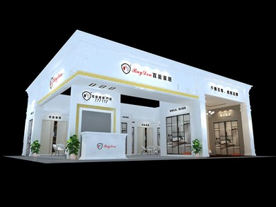 120平米展臺設(shè)計制作：二面開口/歐式/木質(zhì)結(jié)構(gòu)/白色，為建材展展商而作（免費使用）