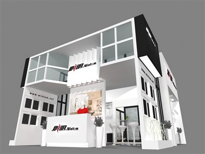 42平米展臺設計制作：二面開口/現(xiàn)代/型材結構/白色，為建材展展商而作（免費使用）