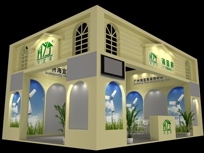 54平米展臺設(shè)計制作：二面開口/歐式/木質(zhì)結(jié)構(gòu)/米色，為建材展展商而作（免費(fèi)使用）