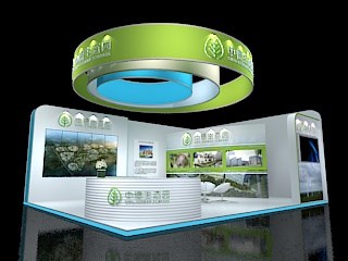 80平米展臺設計制作：二面開口/現(xiàn)代/木質結構/綠色，為旅游展展商而作（免費使用）