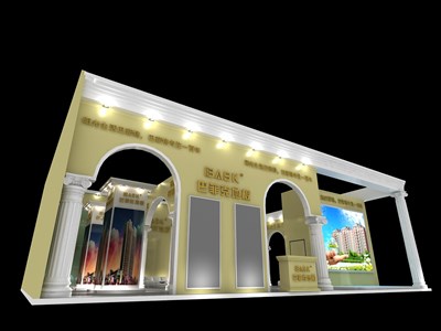 160.5平米展臺設計制作：二面開口/歐式/木質(zhì)結構/米色，為建材展展商而作（免費使用）