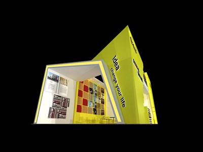 54平米展臺(tái)設(shè)計(jì)制作：三面開口/現(xiàn)代/木質(zhì)結(jié)構(gòu)/黃色，為建材展展商而作（免費(fèi)使用）