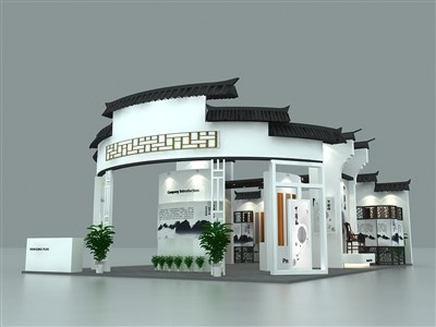 100平米展臺(tái)設(shè)計(jì)制作：三面開(kāi)口/中式/木質(zhì)結(jié)構(gòu)/白色，為建材展展商而作（免費(fèi)使用）