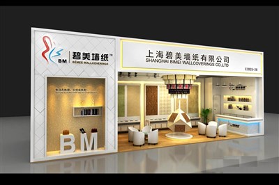 48平米展臺設(shè)計制作：一面開口/歐式/木質(zhì)結(jié)構(gòu)/米色，為建材展展商而作（免費(fèi)使用）