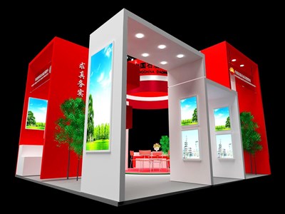 36平米展臺(tái)設(shè)計(jì)制作：三面開(kāi)口/現(xiàn)代/木質(zhì)結(jié)構(gòu)/紅色，為綜合展展商而作（免費(fèi)使用）