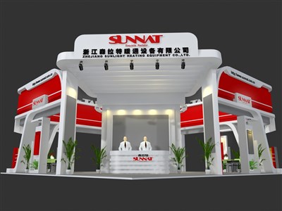 144平米展臺設(shè)計制作：四面開口/現(xiàn)代/木質(zhì)結(jié)構(gòu)/紅色，為建材展展商而作（免費(fèi)使用）