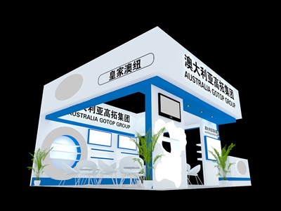 36平米展臺(tái)設(shè)計(jì)制作：三面開(kāi)口/現(xiàn)代/木質(zhì)結(jié)構(gòu)/藍(lán)色，為綜合展展商而作（免費(fèi)使用）