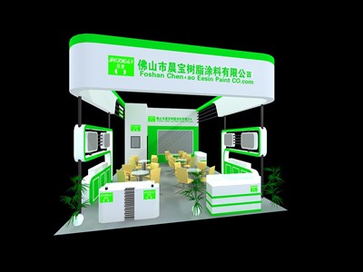 54平米展臺設計制作：三面開口/現(xiàn)代/木質結構/綠色，為建材展展商而作（免費使用）