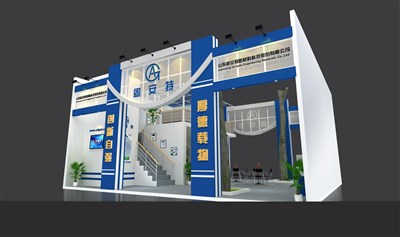 100平米展臺設計制作：二面開口/現(xiàn)代/木質(zhì)結(jié)構(gòu)/藍色，為建材展展商而作（免費使用）