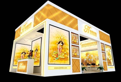 54平米展臺設(shè)計制作：二面開口/現(xiàn)代/木質(zhì)結(jié)構(gòu)/黃色，為建材展展商而作（免費使用）