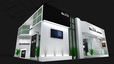 108平米展臺(tái)設(shè)計(jì)制作：二面開口/現(xiàn)代/木質(zhì)結(jié)構(gòu)/灰色，為建材展展商而作（免費(fèi)使用）