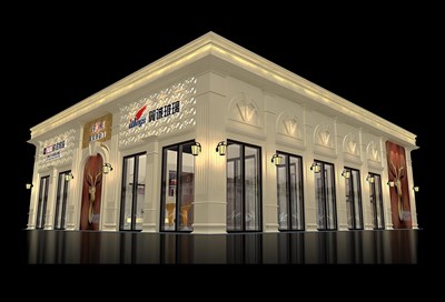 162平米展臺(tái)設(shè)計(jì)制作：二面開口/現(xiàn)代/型材結(jié)構(gòu)/灰色，為建材展展商而作（免費(fèi)使用）