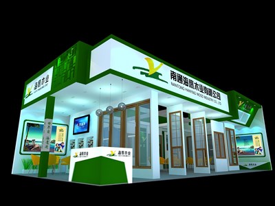 98平米展臺設(shè)計制作：四面開口/現(xiàn)代/木質(zhì)結(jié)構(gòu)/綠色，為建材展展商而作（免費(fèi)使用）