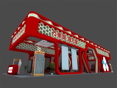 200平米展臺設(shè)計制作：四面開口/現(xiàn)代/木質(zhì)結(jié)構(gòu)/紅色，為建材展展商而作（免費使用）