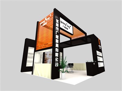 36平米展臺(tái)設(shè)計(jì)制作：三面開口/現(xiàn)代/木質(zhì)結(jié)構(gòu)/黑色，為建材展展商而作（免費(fèi)使用）