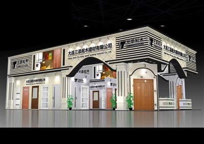 135平米展臺(tái)設(shè)計(jì)制作：三面開(kāi)口/歐式/木質(zhì)結(jié)構(gòu)/白色，為建材展展商而作（免費(fèi)使用）