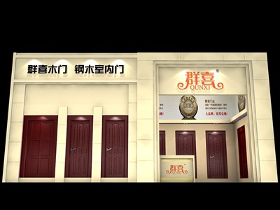 36平米展臺(tái)設(shè)計(jì)制作：一面開口/歐式/木質(zhì)結(jié)構(gòu)/米色，為建材展展商而作（免費(fèi)使用）